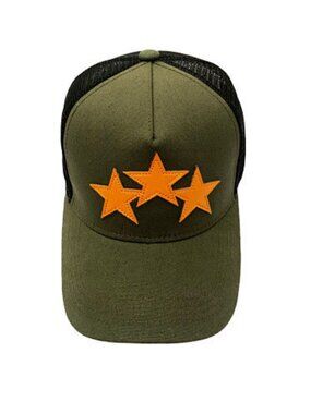 AMIRI Olive Green Trucker Hat with Orange Star Appliqués